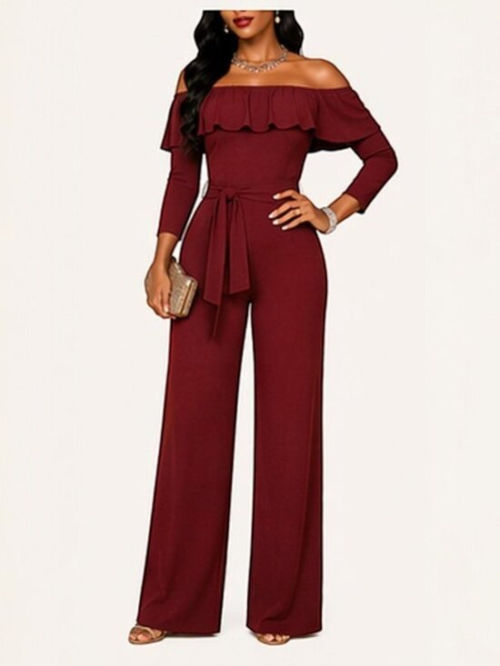 Pants - Burgundy Ruffled Overlay Off Shoulder Wide Leg Belted Jumpsuit Size L